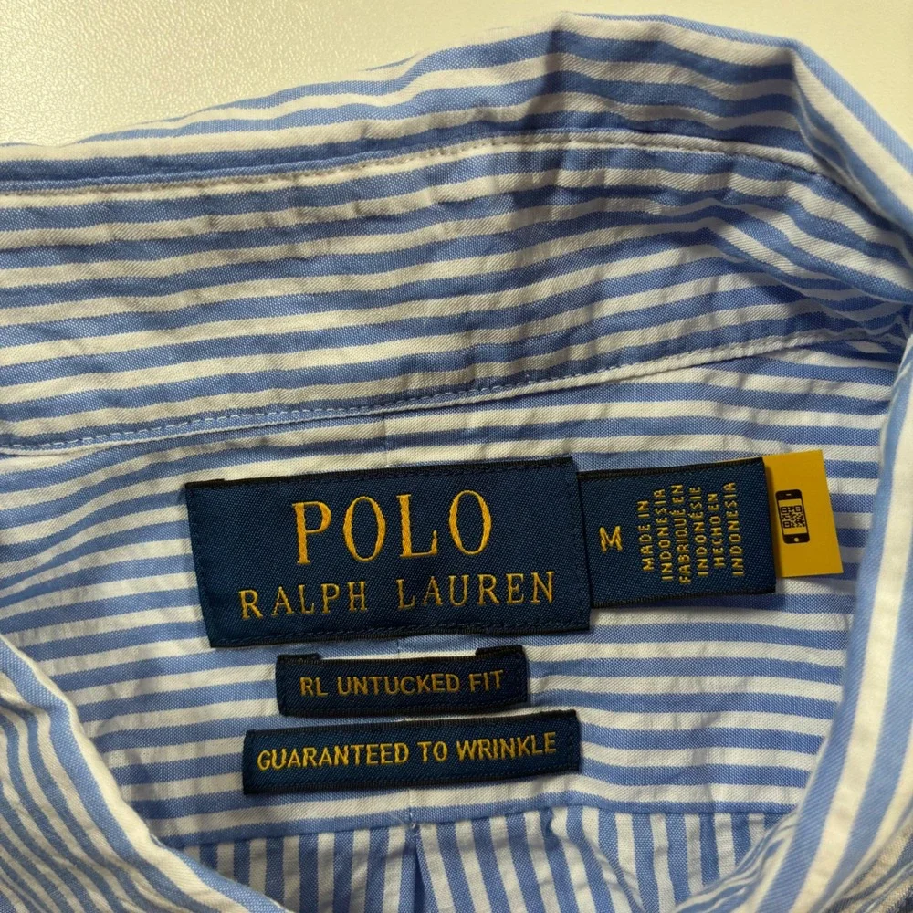 NEW Polo Ralph Lauren Seersucker Shirt Medium Blue Striped RL Untucked Fit